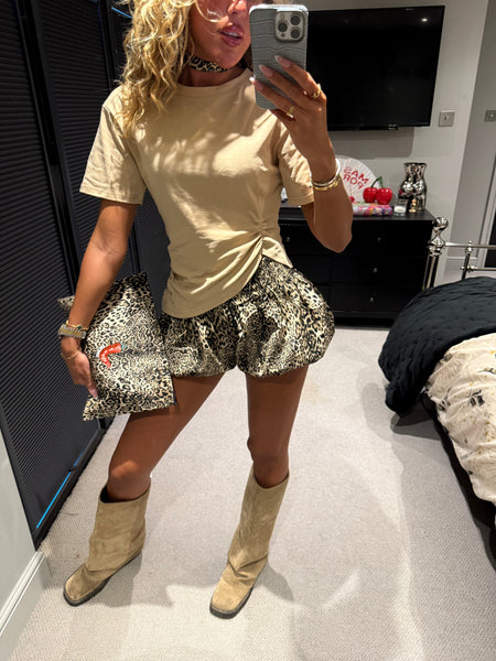 LEOPARD SHORTS, TIE & CLUTCH BAG