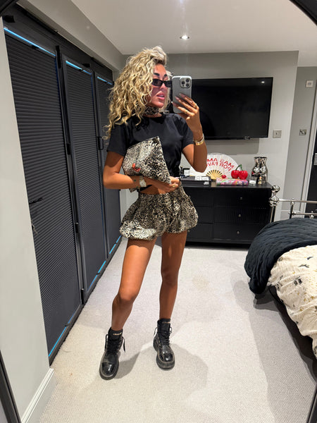 LEOPARD SHORTS, TIE & CLUTCH BAG
